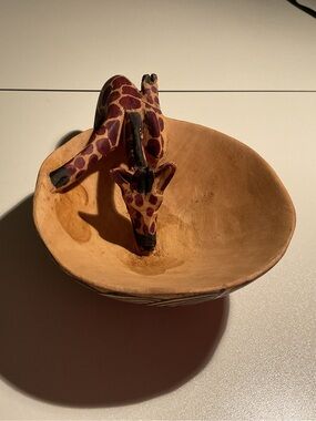 Vintage Kenyan Hand-Carved Wood Giraffe Snack Bowl | 8" x 5"